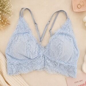 Aerie Lace Padded Bralette Light Blue Floral Adjustable Straps size Medium
